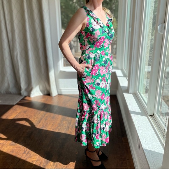 NWT J. Crew Green Floral Sleeveless Maxi Dress With Pockets, Size 2 - Picture 1 of 12